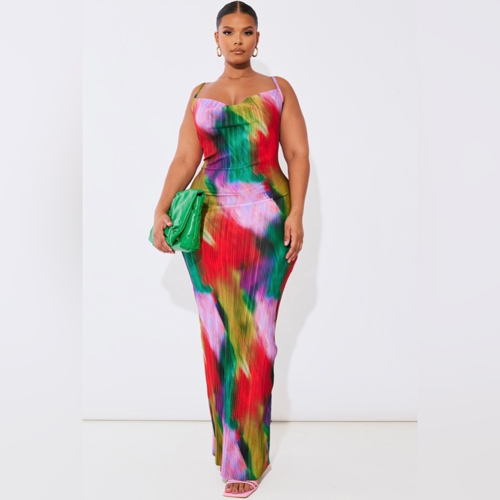 Plus Multi Printed Plisse Cowl Neck Maxi Dress